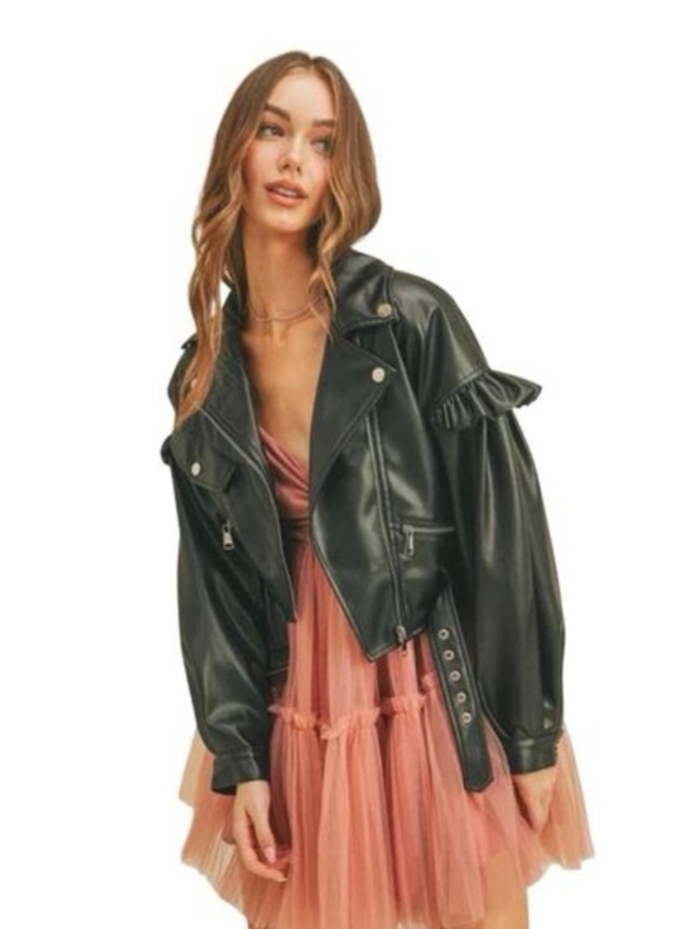 New MABLE Ruffle Sleeve Vegan Zip Front Moto Jacket